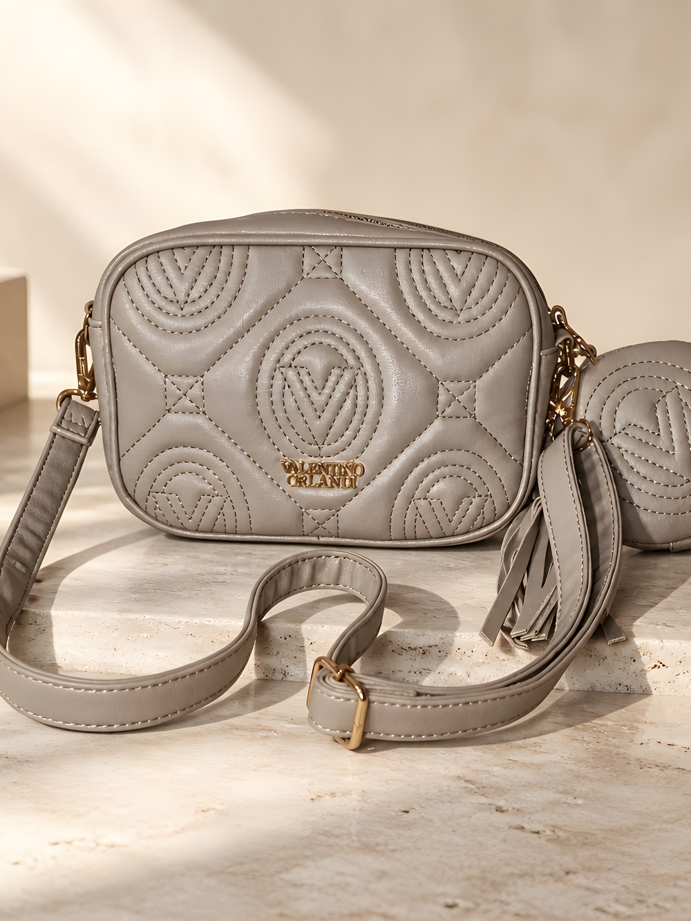 Valentino Orlandi Quilted Gray Crossbody w/detachable Tassel & Coin Pouch